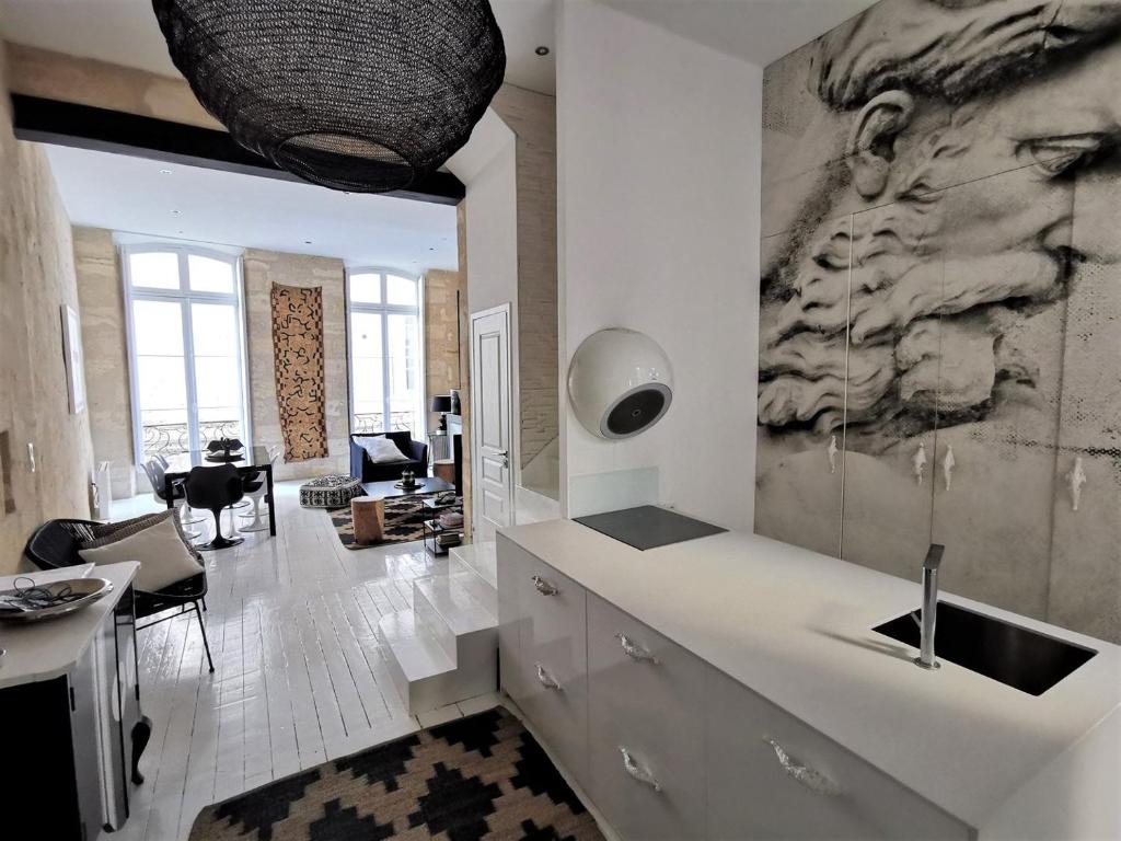 uma cozinha com um lavatório e uma sala de estar em Very nice apartment Bordeaux historical center em Bordeaux