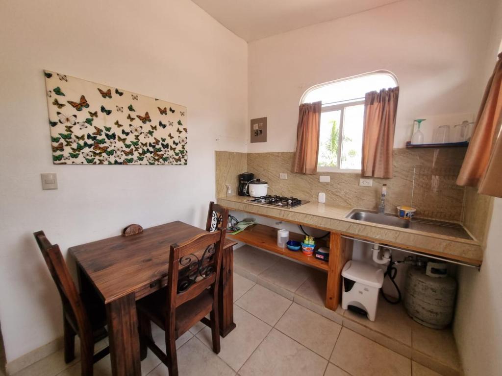 a kitchen with a wooden table and a sink at Mini Apartamento Giada in Nicoya