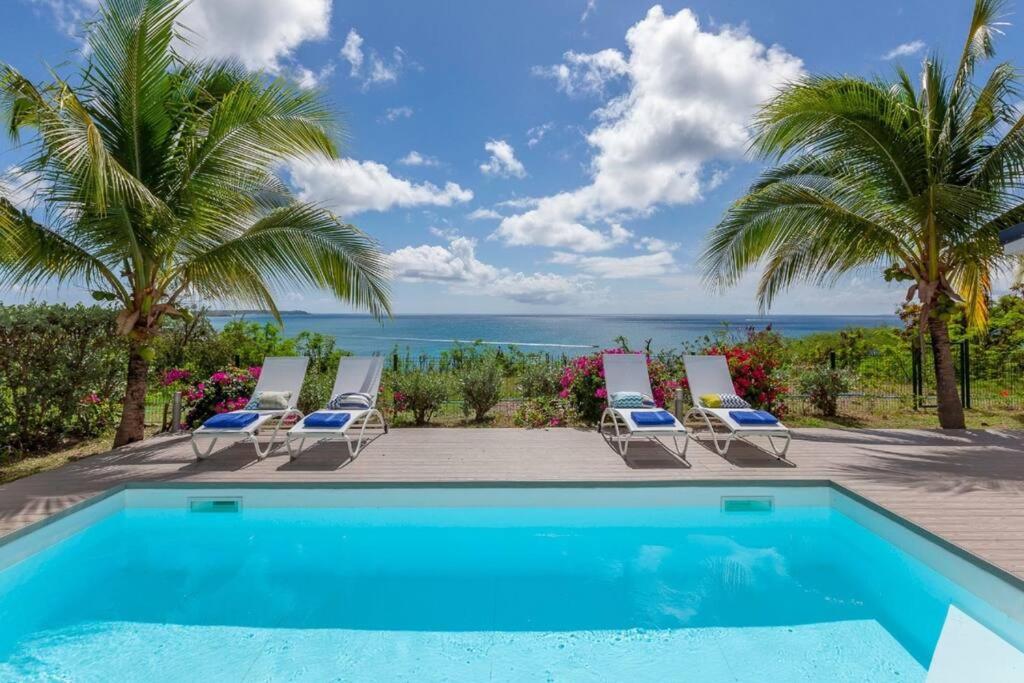 a pool with chairs and palm trees and the ocean at Seafront sunset & beach access in Saint Martin
