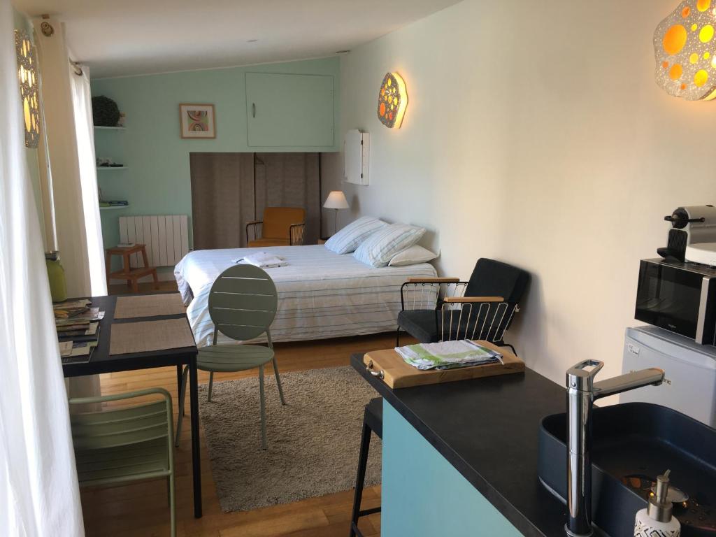 ein Schlafzimmer mit einem Bett und eine Küche mit einem Waschbecken in der Unterkunft Chambre studio indépendante au calme vue sur piscine in Teyran
