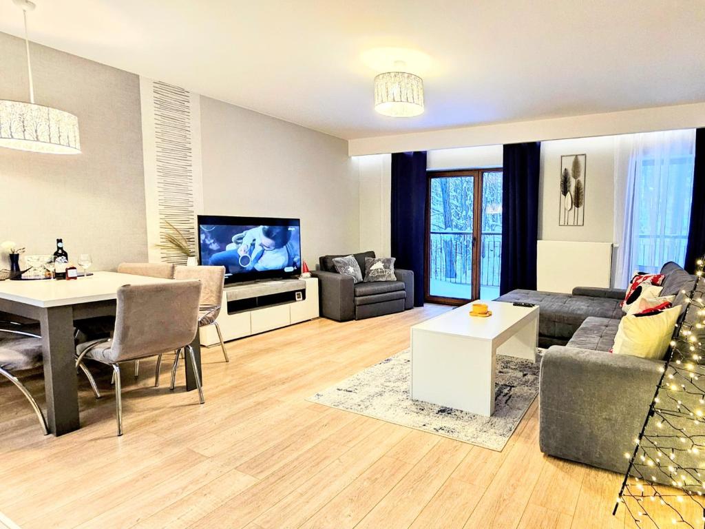 Televízia a/alebo spoločenská miestnosť v ubytovaní Apartament z pięknym widokiem na las