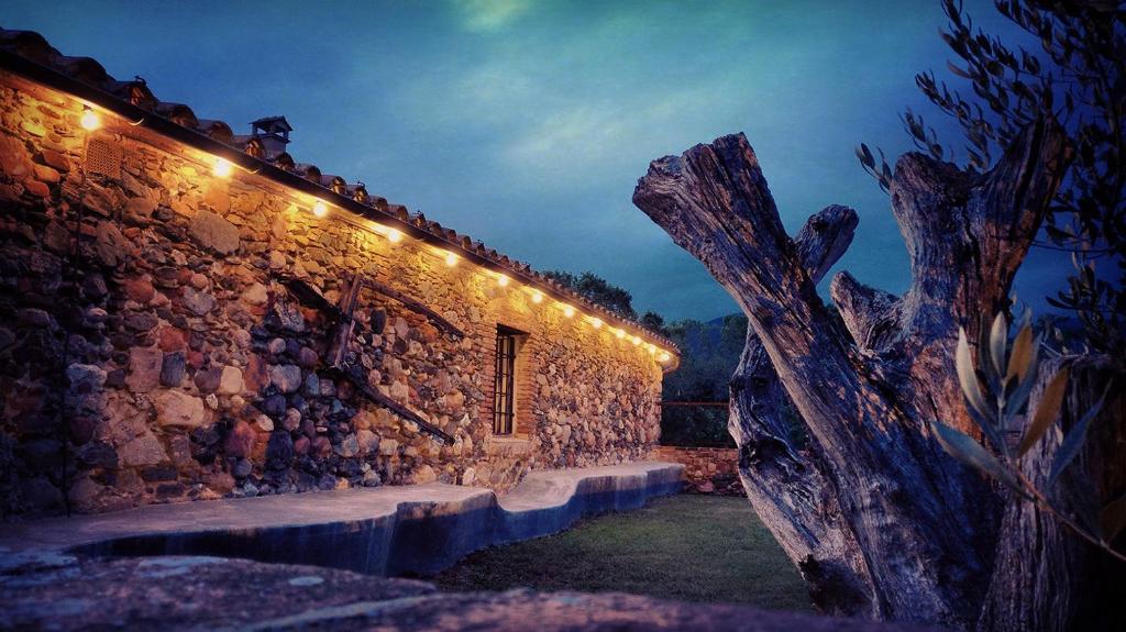 a stone building with lights on the side of it at Masia Can Bachs in Sant Pere de Vilamajor