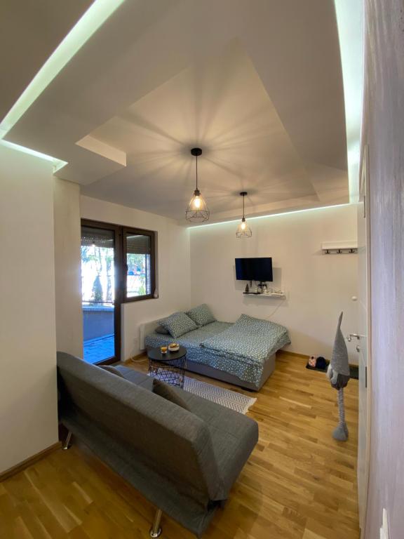a living room with a couch and a tv at Studio Snežana in Zlatibor