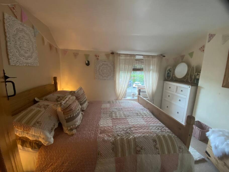 a bedroom with two beds and a dresser at Maytree Cottage. Compact home in Mid Wales. in Llanrhaeadr-ym-Mochnant