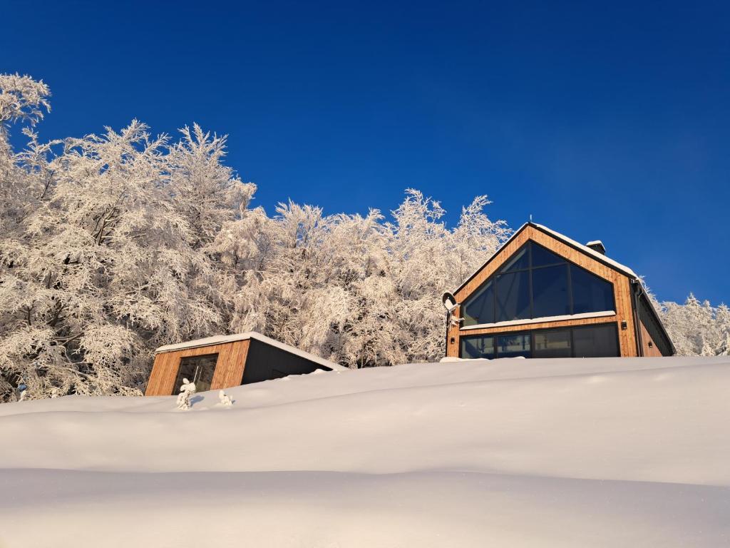 ein Haus im Schnee mit Bäumen im Hintergrund in der Unterkunft Reset Kudłacze in Pcim