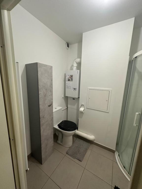 a small bathroom with a toilet and a shower at Appartement stade de france in Saint-Denis