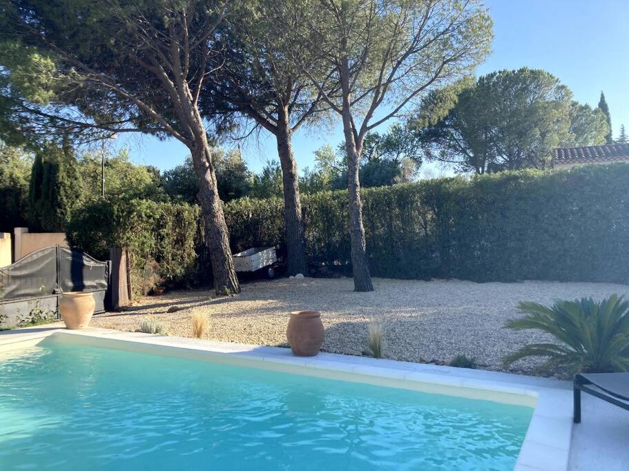 uma piscina num quintal com árvores em Maison au coeur de la Provence em Jonquerettes