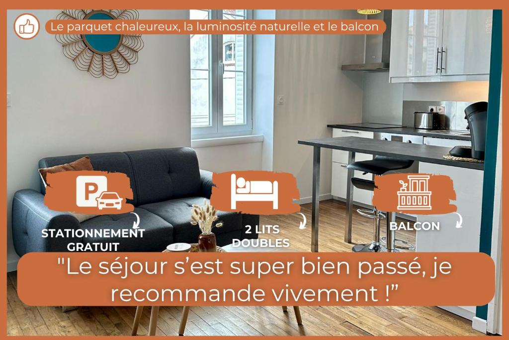 a living room with a couch and a kitchen at Le Tournassin-Balcon-Stationnement gratuit in Bourg-en-Bresse