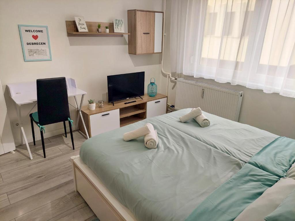 Schlafzimmer mit einem Bett, einem Schreibtisch und einem TV in der Unterkunft AwesHome City Apartment in Debrecen