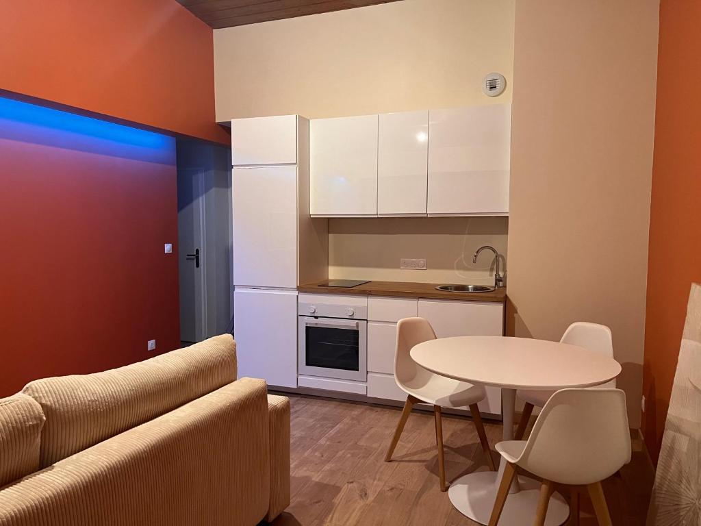 sala de estar con mesa y cocina en Appartement le cocon de terre, en Ambérieu-en-Bugey