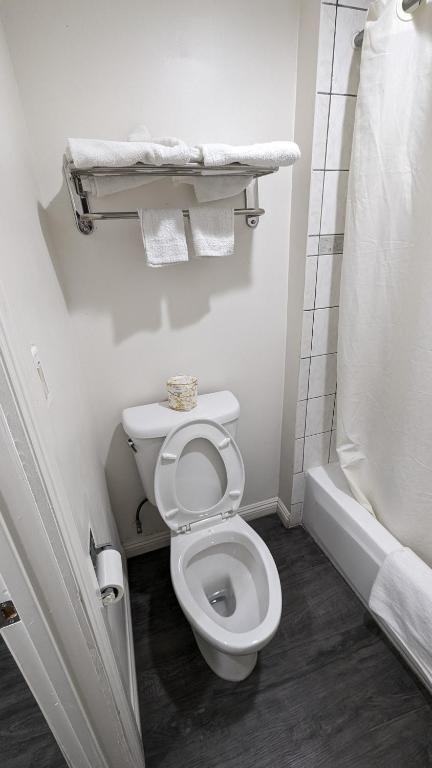 a white bathroom with a toilet and a shower at Airport Motel - Inglewood in Inglewood