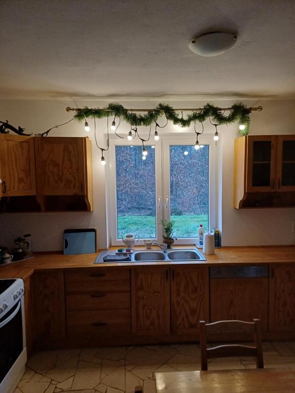 Kuchyň nebo kuchyňský kout v ubytování Dwór pod Sosnami Kaszuby, sauna