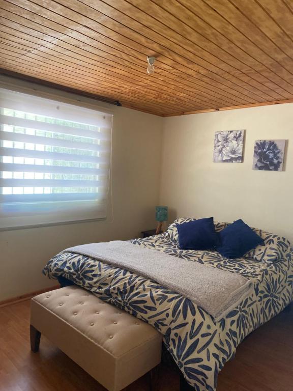 a bedroom with a bed with blue pillows and a window at Casa en entorno natural in Curicó