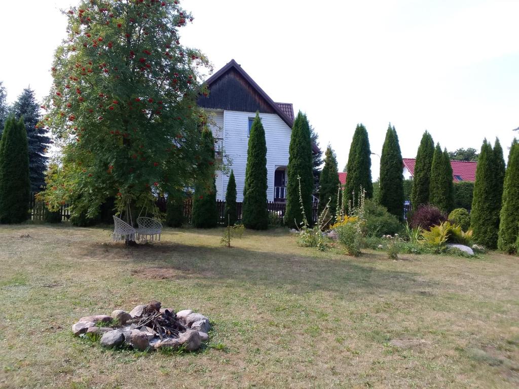una casa con un árbol y un banco en un patio en Wegorzewianka 11, en Węgorzewo