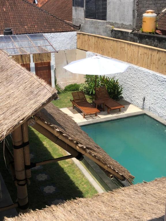 an overhead view of a swimming pool with an umbrella and chairs at NOMAD Tropical Hostel Canggu in Dalung