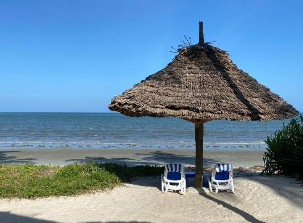 Mkwaja的住宿－Barry's Beach Resort，海滩上的两把椅子和一把草伞