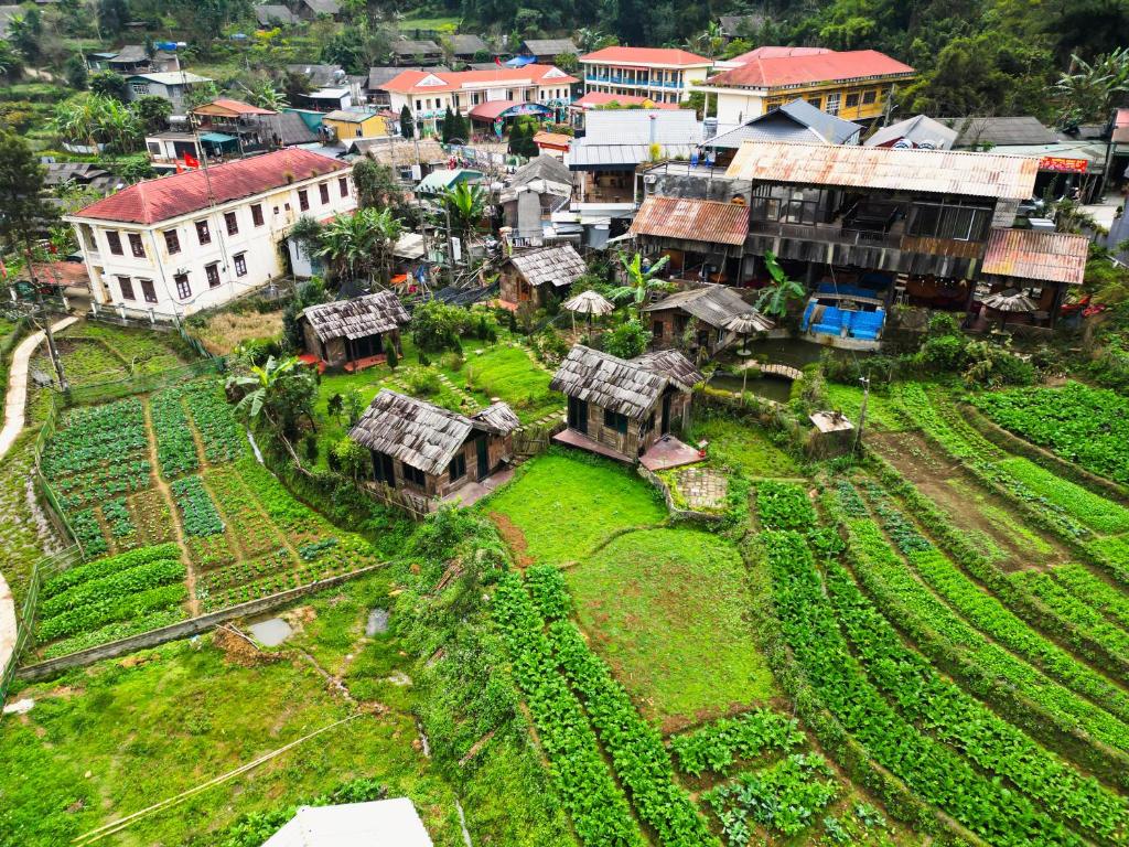 una vista aerea di un villaggio con case e piantagioni di Sapa Thoc House a Sa Pa