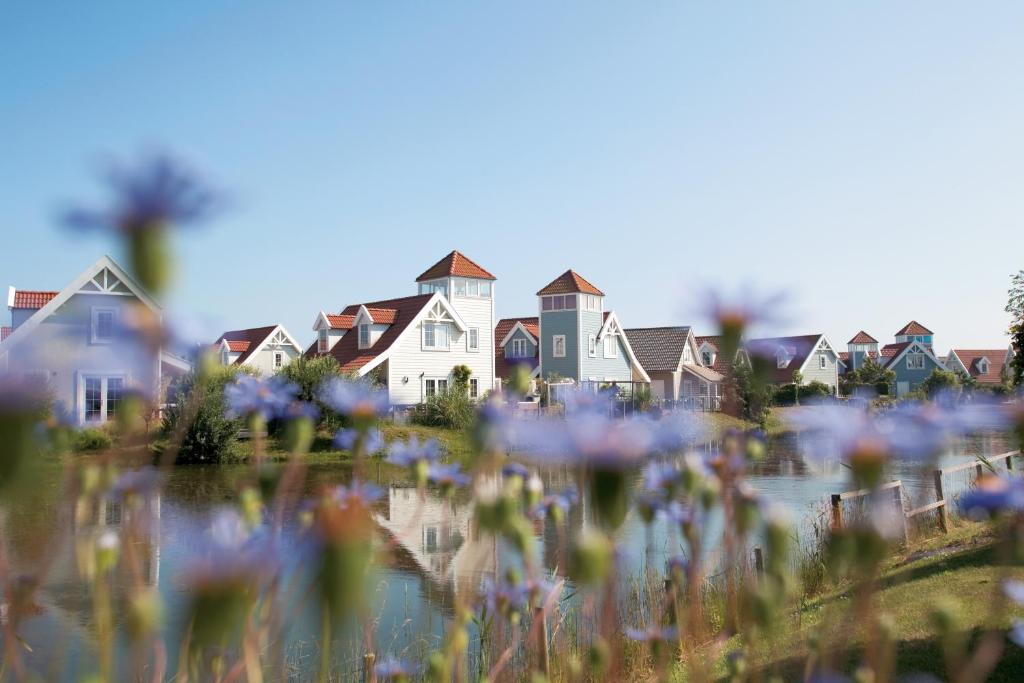 una fila de casas con flores en primer plano en Summio Duynparc De Heeren van 's-Gravensande, en Vluchtenburg