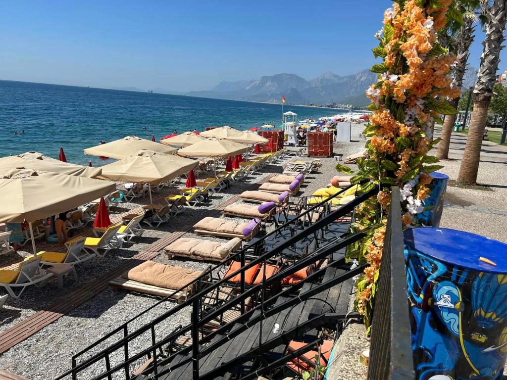 een rij stoelen en parasols op een strand bij Güden-Pearl in Antalya