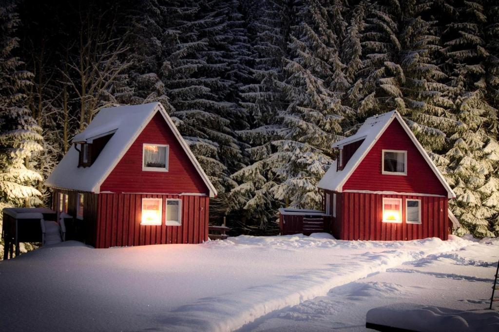 dos cabañas rojas en la nieve por la noche en Holiday resort Erzgebirge Idyll Breitenbrunn en Breitenbrunn