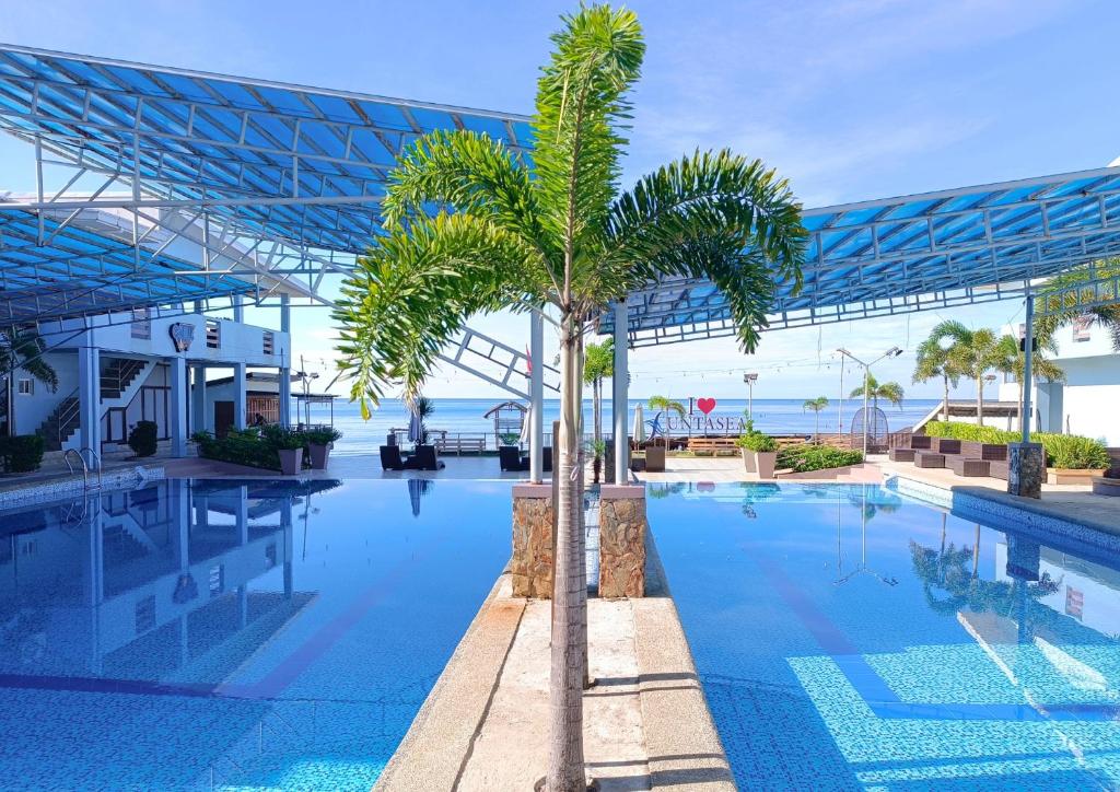 a palm tree in the middle of a swimming pool at Funtasea Hotel and Beach Resort in Iba