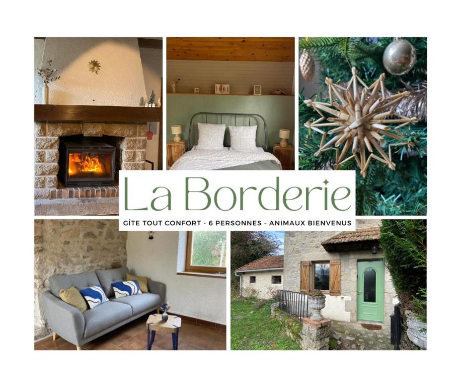 a collage of pictures of a bedroom and a fireplace at Gîte de la Borderie in Saint-Silvain-sous-Toulx