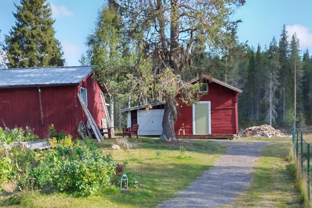 un granero rojo con un árbol y una entrada en Tiny House in Nattavaara by en Nattavaara