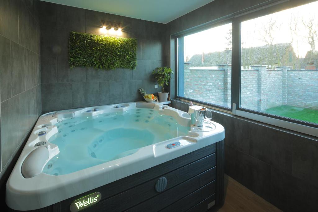 eine große Badewanne im Bad mit Fenster in der Unterkunft Holiday Baranja in Kopačevo