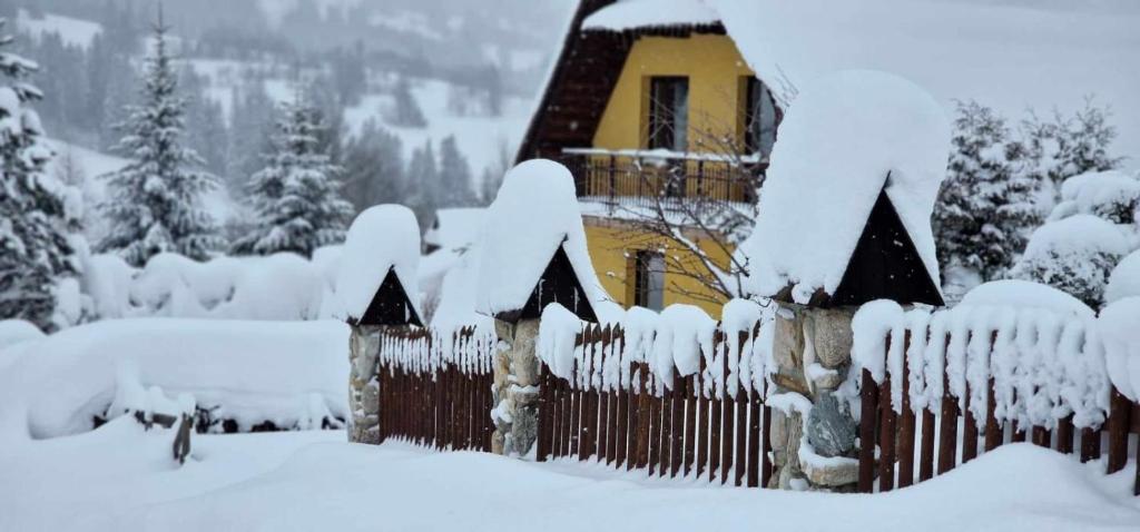 a fence covered in snow in front of a house at ZAKOHOME Dom Banysiówka in Dzianisz