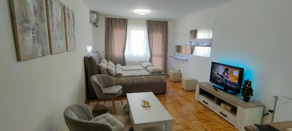 un soggiorno con divano e TV di Apartman Ema a Valjevo