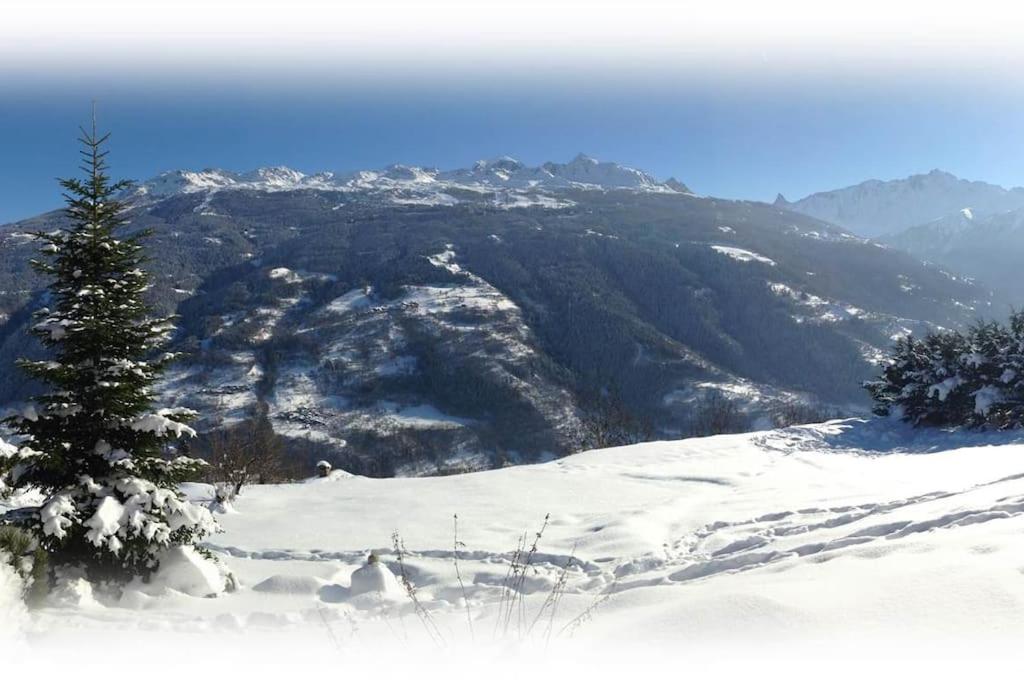 une montagne enneigée avec un arbre au premier plan dans l'établissement Une sensation japonaise au coeur de la Savoie !, à Les Chapelles