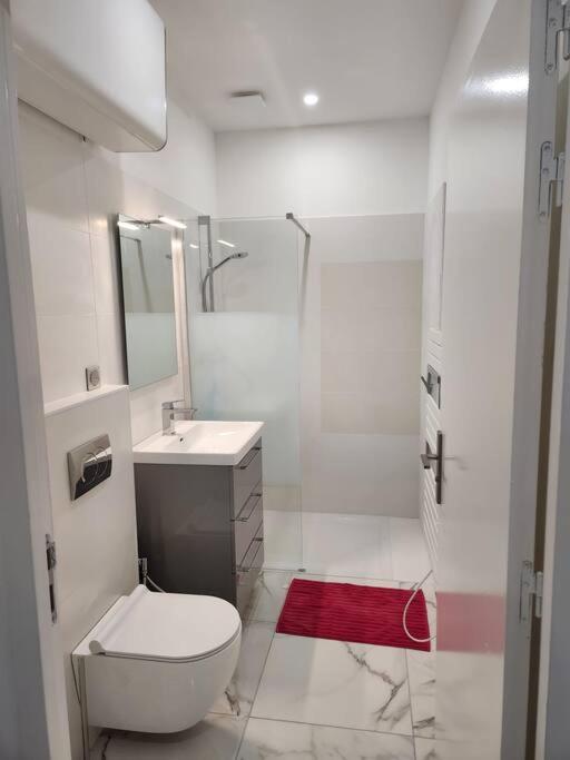 La salle de bains blanche est pourvue de toilettes et d'un lavabo. dans l'établissement Appartement dans le 8e arrondissement de Lyon (T2), à Lyon