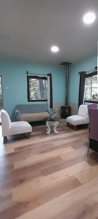 a living room with white furniture and blue walls at El Roble cabañas tepa in Pucón