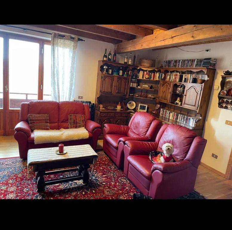 アベトーネにあるAppartamento Abetone Vacanzeのリビングルーム(赤い椅子2脚、ソファに犬1匹付)