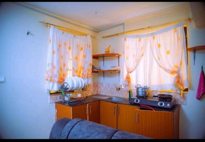 una cucina con due finestre e un piano di lavoro di Georgia Furnished Apartments a Masaku