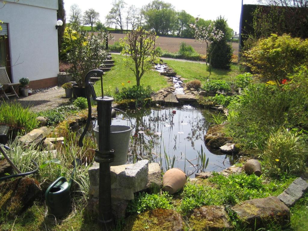 un jardín con un estanque en un patio en Ferienwohnung Supp, en Zweibrücken