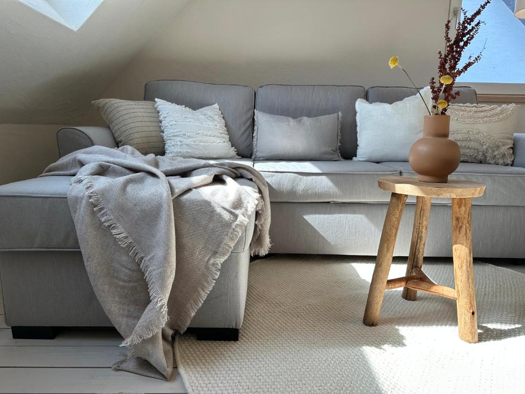 een woonkamer met een bank en een tafel bij Cozy City Apartment Daun - Ferienwohnung - EIFEL The Natural Home in Daun