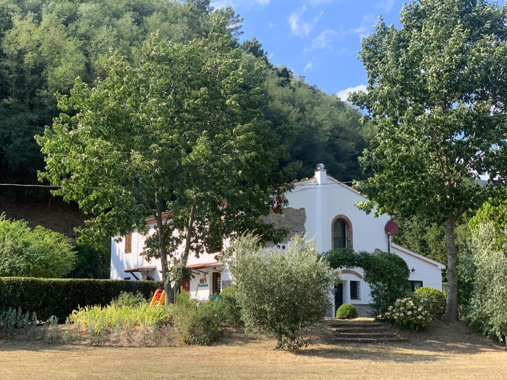 ein weißes Haus mit Bäumen davor in der Unterkunft Podere Campofossato in Pistoia