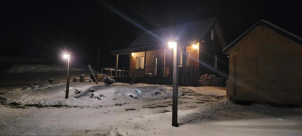 two street lights in the snow in front of a house at RUDY RYDZ in Ropienka