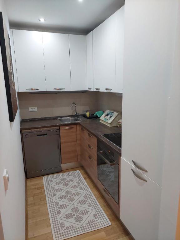 una pequeña cocina con armarios blancos y fregadero en Jana aprtment Budva en Budva