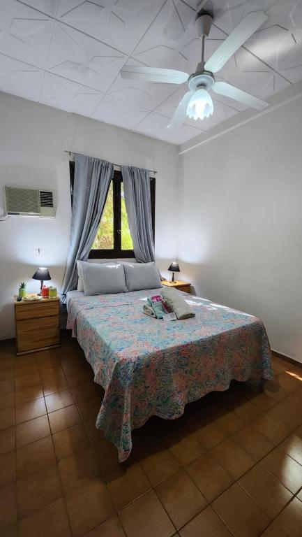 1 dormitorio con 1 cama y ventilador de techo en Nuevo Hotel City en Mendoza