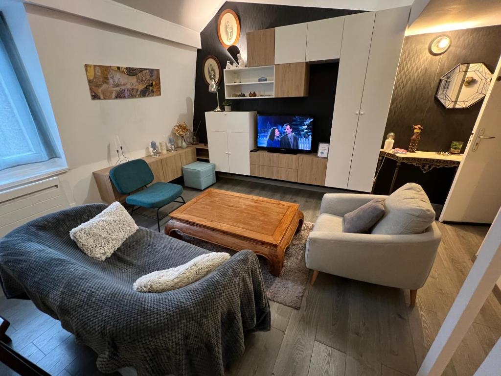 un salon avec un canapé, des chaises et une télévision dans l'établissement La Petite Place Lille St Maurice, à Lille