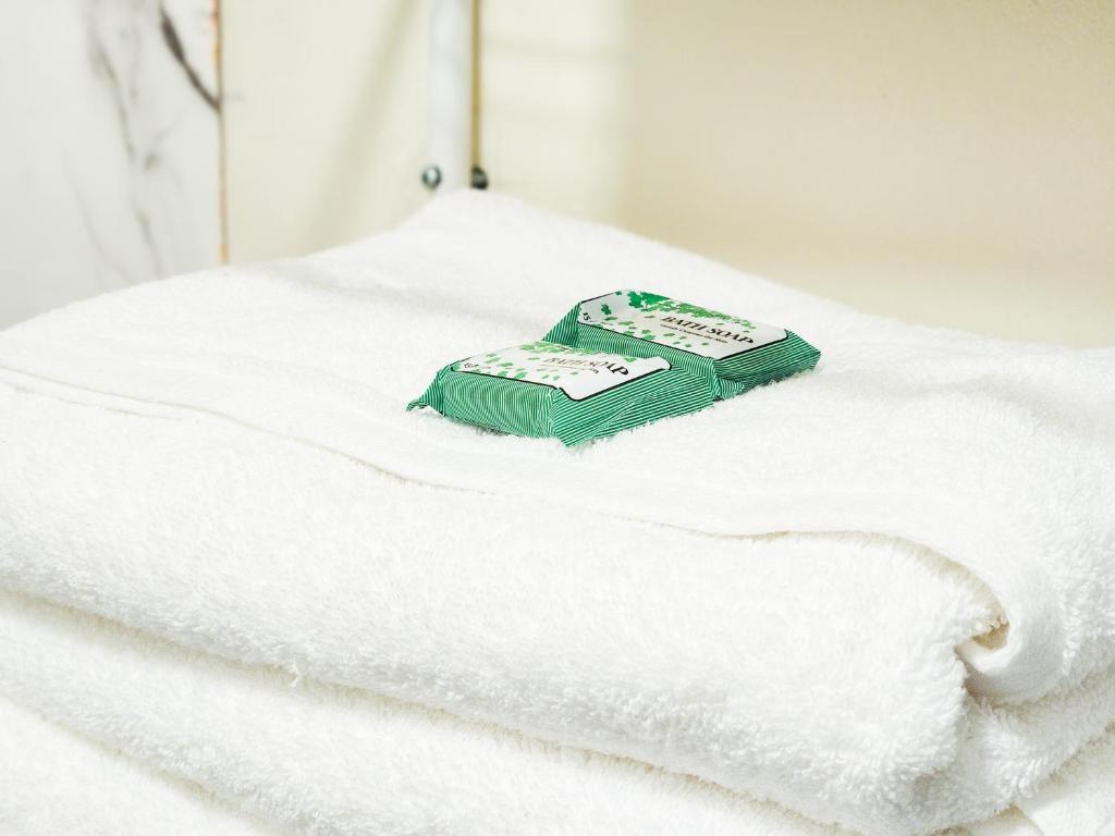 een groene tandenborstel bovenop witte handdoeken bij Apartamentos La Primavera - Santiago Centro in Santiago