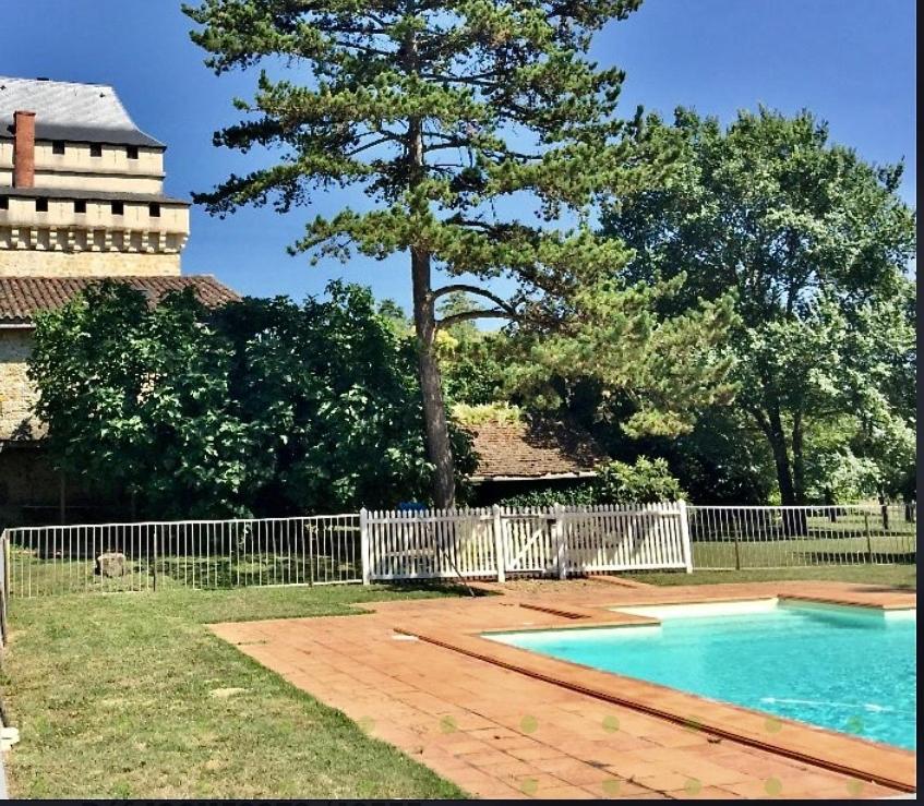 a swimming pool with a fence and a tree at Château Déhès Gazaupouy 1 chambre d'hôte et 1 Gite in Gazaupouy