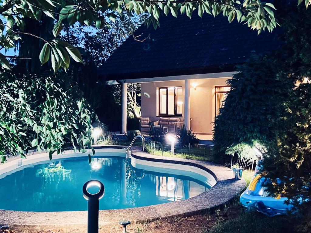 a swimming pool in front of a house at night at Evie's Tree House in Dragomirna
