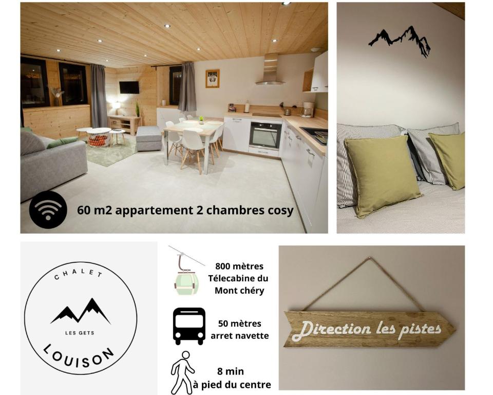 eine Collage mit Bildern einer Küche und einem Wohnzimmer in der Unterkunft Appartement Chalet Louison in Les Gets