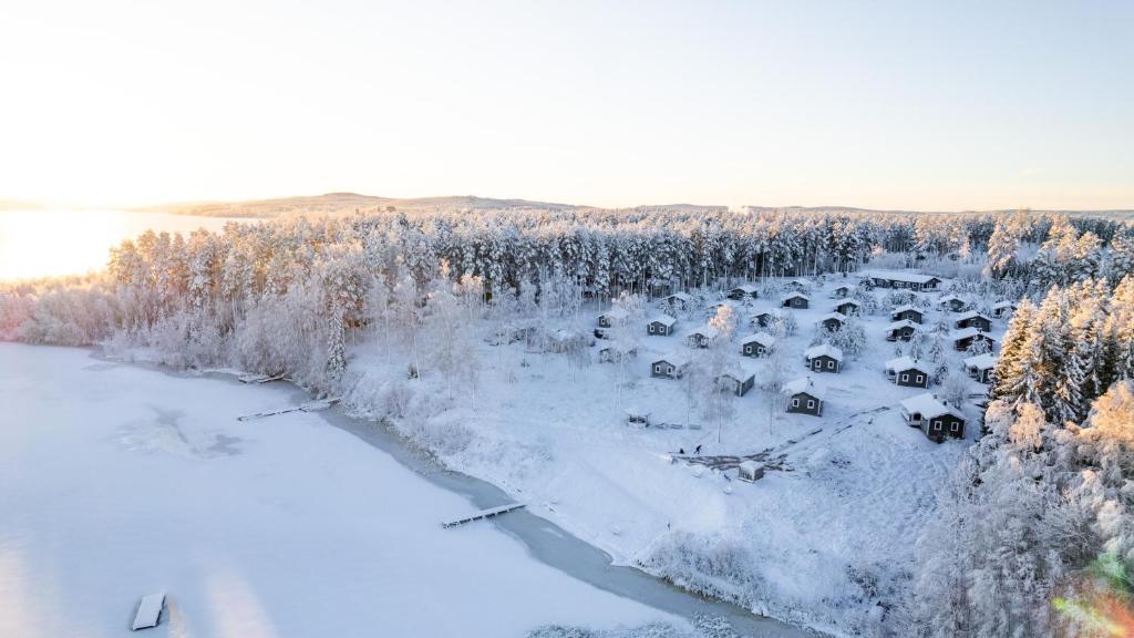 an aerial view of a forest with snow and a river at Björnbyn Stugby in Råda