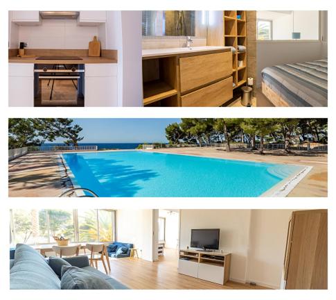 deux photos d'une maison avec piscine dans l'établissement Cadre exceptionnel - Appt Classé 3 entièrement climatisé - Mer-piscine-tennis, à Bandol