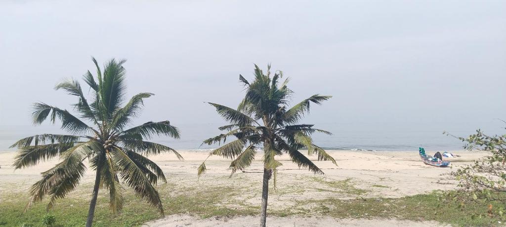 two palm trees on a beach near the ocean at Beach Veedu Home stay near munnodi temple Alleppey Kerala in Alleppey