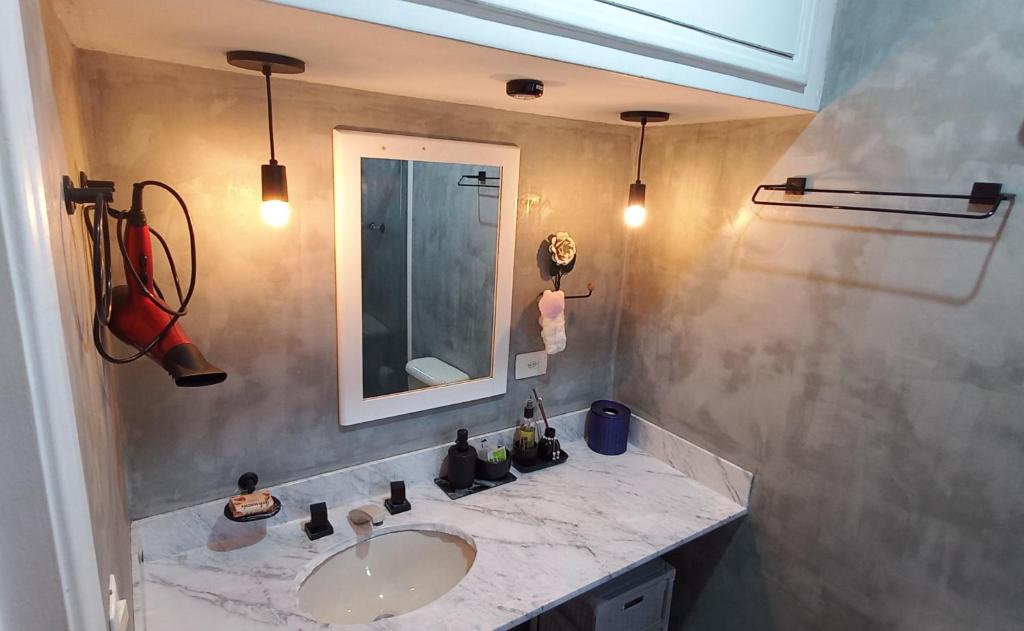 uma casa de banho com um lavatório e um espelho em Apartamento 2 quartos aconchegante em Santos